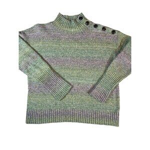 Talbots Small Green & Purple Button-Shoulder Mock Neck Sweater